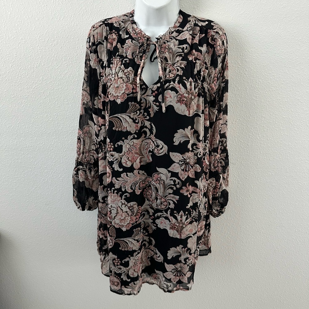 LOFT Black‎ and Pink Floral Long Sleeve Dress